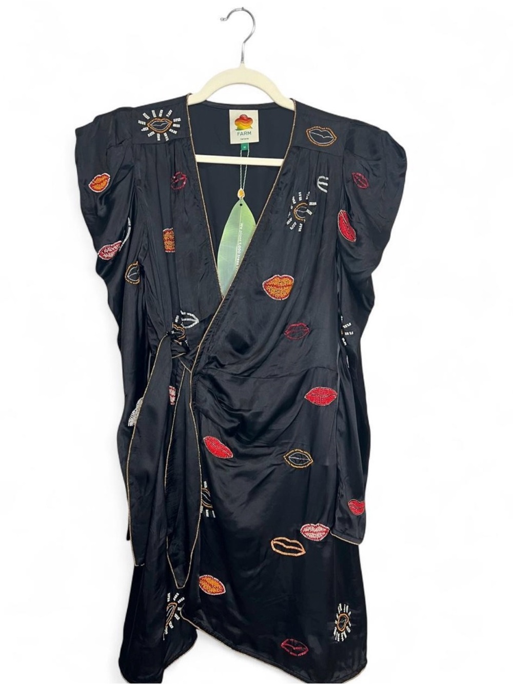 NWT FARM Rio Beaded Kisses wrap minidress in black - Picture 2 of 11